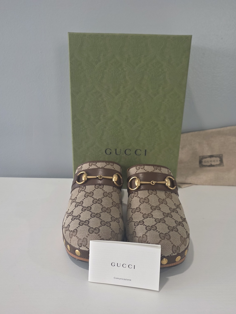 Gucci Beige & Brown GG Canvas Studded Clog